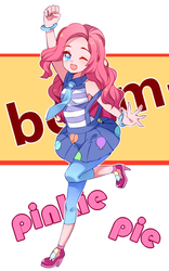 Size: 1000x1600 | Tagged: dead source, safe, artist:瑞博, pinkie pie, equestria girls, g4, my little pony equestria girls: friendship games, abstract background, anime, cute, cute little fangs, diapinkes, fangs, female, looking at you, one eye closed, open mouth, school spirit, solo, wink