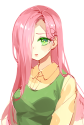 Size: 526x785 | Tagged: dead source, safe, artist:瑞博, fluttershy, human, g4, anime, female, humanized, simple background, solo, white background