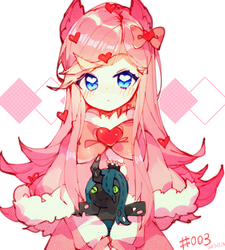 Size: 2126x2362 | Tagged: dead source, safe, artist:瑞博, queen chrysalis, oc, oc:fluffle puff, human, g4, chrysalis plushie, crown, cute, female, flufflebetes, heart, high res, humanized, humanized oc, jewelry, looking at you, plushie, regalia