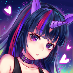Size: 830x830 | Tagged: dead source, safe, artist:虎喵君, twilight sparkle, human, unicorn, g4, collar, cute, ear, female, heart, horn, horned humanization, humanized, long mane, looking at you, open mouth, solo, wide eyes