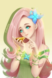 Size: 718x1061 | Tagged: safe, artist:spooo, fluttershy, bird, human, equestria girls, g4, clothes, female, gradient background, solo