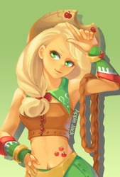 Size: 718x1061 | Tagged: safe, artist:spooo, applejack, human, equestria girls, g4, applejack's hat, armpits, belly button, clothes, cowboy hat, female, hand on hip, hat, looking at you, midriff, solo