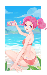 Size: 1152x1838 | Tagged: dead source, safe, artist:spooo, pinkie pie, human, equestria girls, g4, beach, bikini, cellphone, clothes, cloud, female, looking at you, open mouth, phone, sand, sitting, sky, solo, swimsuit, water