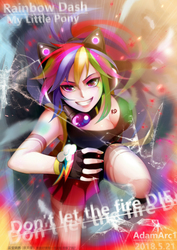 Size: 2480x3508 | Tagged: dead source, safe, alternate version, artist:adamarc1, rainbow dash, human, g4, belly button, boots, breasts, cat ears, clothes, female, gloves, high res, humanized, miniskirt, pleated skirt, ponytail, shoes, skirt, smiling, socks, solo, thigh highs, zettai ryouiki