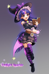 Size: 2000x3000 | Tagged: dead source, safe, artist:巫目目, twilight sparkle, human, g4, anime, anime style, book, boots, clothes, cute, elf ears, female, hat, high res, horn, horned humanization, humanized, midriff, moe, shoes, shorts, socks, solo, striped socks, tailed humanization, thigh highs, witch, witch hat, wizard