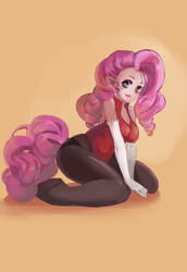 Size: 1000x1453 | Tagged: dead source, safe, artist:索空空格, pinkie pie, human, satyr, g4, blushing, breasts, clothes, elf ears, female, gloves, humanized, looking at you, open mouth, satyrized, solo