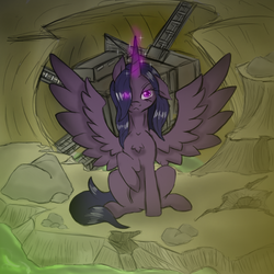 Size: 1000x1000 | Tagged: safe, artist:devorierdeos, oc, oc only, alicorn, pony, fallout equestria, alicorn oc, artificial alicorn, chest fluff, fanfic, fanfic art, female, glowing horn, hooves, horn, magic, mare, maripony, purple alicorn (fo:e), raised hoof, sitting, solo, splendid valley, spread wings, wings