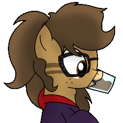 Size: 1000x1000 | Tagged: safe, alternate version, artist:toyminator900, oc, oc only, oc:binky, earth pony, hybrid, pony, zony, animated, body markings, chocolate, chocolate milk, clothes, cup, cute, drinking, endless, female, freckles, gif, glasses, gulp, hoodie, horse problems, mare, milk, nerd, open mouth, ponytail, scrunchie, simple background, smiling, solo, swallowing, transparent background