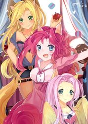 Size: 570x800 | Tagged: dead source, safe, artist:imoe_shichee, applejack, fluttershy, pinkie pie, human, g4, anime, applejack's hat, blushing, clothes, cowboy hat, female, hat, humanized, looking at you, open mouth, smiling, trio, winged humanization, wings