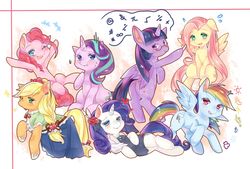 Size: 1748x1181 | Tagged: dead source, safe, artist:imoe_shichee, applejack, fluttershy, pinkie pie, rainbow dash, rarity, starlight glimmer, twilight sparkle, alicorn, earth pony, pegasus, pony, unicorn, g4, blushing, clothes, female, floppy ears, freckles, looking at you, mane six, mare, one eye closed, open mouth, sweat, twilight sparkle (alicorn), wink