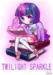 Size: 678x960 | Tagged: dead source, safe, artist:天然卷牙齿的蛀虫, twilight sparkle, alicorn, human, g4, alicorn humanization, book, clothes, cute, female, high heels, horn, horned humanization, humanized, magic, miniskirt, quill, shirt, shoes, sitting, skirt, smiling, socks, solo, telekinesis, thigh highs, twilight sparkle (alicorn), winged humanization, wings, zettai ryouiki