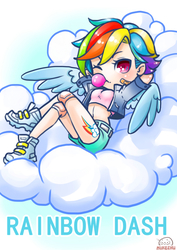 Size: 678x960 | Tagged: dead source, safe, artist:天然卷牙齿的蛀虫, rainbow dash, human, g4, bandage, belly button, bubblegum, clothes, cloud, female, food, gum, humanized, midriff, one eye closed, shoes, shorts, sneakers, solo, winged humanization, wings, wink
