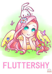 Size: 3507x4960 | Tagged: dead source, safe, artist:天然卷牙齿的蛀虫, angel bunny, fluttershy, butterfly, human, rabbit, g4, blushing, clothes, female, flower, flower in hair, grass, humanized, no nose, smiling, winged humanization, wings