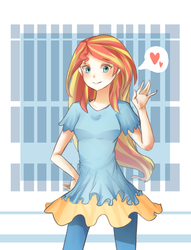 Size: 1300x1700 | Tagged: dead source, safe, artist:君茶, sunset shimmer, equestria girls, g4, clothes, dress, female, hand on hip, heart, pants, skirt, smiling, solo, waving