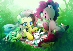 Size: 3507x2480 | Tagged: safe, artist:dormin-dim, angel bunny, fluttershy, pinkie pie, earth pony, pegasus, pony, rabbit, g4, animal, carrot, cute, diapinkes, female, food, high res, open mouth, picnic, picnic blanket, pie, shyabetes, sitting, strawberry, trio, unamused, wings