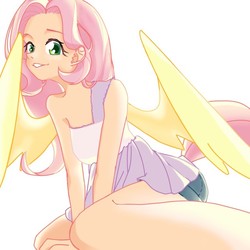 Size: 650x650 | Tagged: dead source, safe, artist:喵小菌瞳盐, fluttershy, human, g4, denim shorts, female, humanized, kneeling, solo, tailed humanization, winged humanization