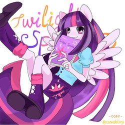 Size: 650x650 | Tagged: dead source, safe, artist:柯小末, twilight sparkle, human, equestria girls, g4, book, eared humanization, female, humanized, pony coloring, solo, tailed humanization, that pony sure does love books, winged humanization