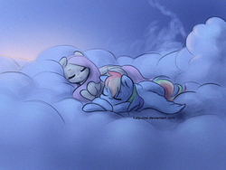 Size: 2000x1500 | Tagged: safe, artist:katputze, fluttershy, rainbow dash, pegasus, pony, g4, cloud, cute, dashabetes, female, mare, shyabetes, sleeping