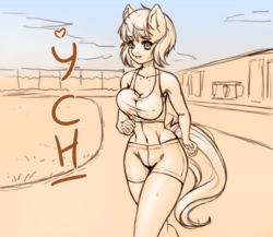 Size: 2584x2248 | Tagged: safe, artist:kindpineapple, anthro, advertisement, breasts, clothes, commission, female, high res, looking at you, mare, running, sky, solo, sports, sports bra, stadium, ych example, your character here