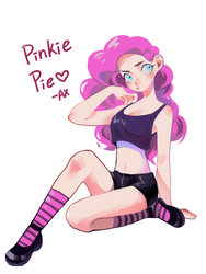 Size: 600x800 | Tagged: dead source, safe, artist:襄瓜瓜, pinkie pie, human, g4, belly button, clothes, cute, diapinkes, female, humanized, midriff, shoes, shorts, simple background, socks, solo, striped socks, white background