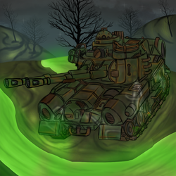 Size: 1000x1000 | Tagged: safe, artist:devorierdeos, pony, fallout equestria, dead tree, fanfic, fanfic art, night, stars, tank (vehicle), tree, wasteland