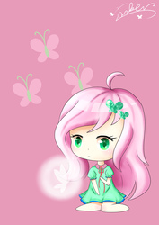 Size: 2894x4093 | Tagged: dead source, safe, artist:琥珀莓砸-amberry, fluttershy, butterfly, human, g4, clothes, female, humanized, looking at you, signature, solo