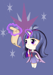 Size: 2894x4093 | Tagged: dead source, safe, artist:琥珀莓砸-amberry, twilight sparkle, human, g4, blushing, clothes, female, horn, horned humanization, humanized, magic, scroll, solo, telekinesis