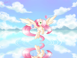 Size: 5512x4134 | Tagged: dead source, safe, artist:琥珀莓砸-amberry, fluttershy, butterfly, pegasus, pony, g4, absurd resolution, cloud, female, mare, one eye closed, sky, solo, water, wink