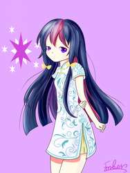 Size: 4134x5512 | Tagged: dead source, safe, artist:琥珀莓砸-amberry, twilight sparkle, human, g4, absurd resolution, cheongsam, clothes, female, hair ribbon, humanized, solo