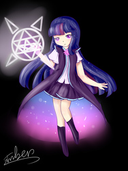 Size: 4134x5512 | Tagged: dead source, safe, artist:琥珀莓砸-amberry, twilight sparkle, human, g4, absurd resolution, boots, clothes, cute, female, humanized, magic, miniskirt, pleated skirt, shoes, signature, skirt, solo