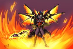 Size: 3840x2601 | Tagged: safe, artist:danli69, oc, oc only, oc:kuro, anthro, armor, artificial wings, augmented, breasts, cape, clothes, curved horn, female, fiery wings, fire, high res, horn, mechanical wing, solo, spear, unconvincing armor, weapon, wings