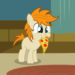 Size: 1500x1500 | Tagged: safe, artist:pizzamovies, oc, oc:pizzamovies, earth pony, pony, :t, animated, blank flank, cheese, chewing, colt, cute, eating, eye shimmer, food, gif, male, meat, nom, pepperoni, pepperoni pizza, pizza, ponies eating meat, puffy cheeks, rug, smiling, solo