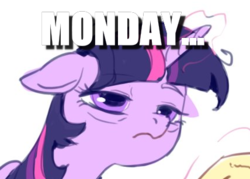 Size: 428x307 | Tagged: safe, artist:luciferamon, edit, twilight sparkle, alicorn, pony, g4, caption, female, frown, image macro, mare, meme, monday, reaction image, solo, text, tired, twilight sparkle (alicorn)