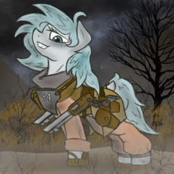 Size: 1000x1000 | Tagged: safe, artist:devorierdeos, oc, oc only, oc:white snow, earth pony, pony, battle saddle, cloud, cloudy, dead tree, fanfic, fanfic art, female, grass, grin, gun, hooves, mare, night, shotgun, smiling, solo, stars, tree, weapon
