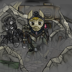 Size: 1000x1000 | Tagged: safe, artist:devorierdeos, oc, oc only, earth pony, pony, fallout equestria, armor, fanfic, fanfic art, gun, hooves, looking at you, male, power armor, rocket launcher, ruins, stallion, steel ranger, weapon