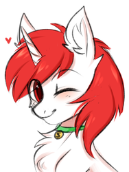 Size: 1449x1926 | Tagged: safe, artist:pesty_skillengton, oc, oc only, pony, unicorn, blushing, chest fluff, collar, colored pupils, cute, ear fluff, heart, male, one eye closed, red eyes, red hair, simple background, smiling, solo, stallion, white background, wink
