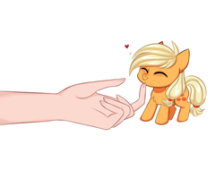 Size: 4320x3284 | Tagged: safe, artist:pesty_skillengton, applejack, earth pony, pony, g4, appletini, chest fluff, chin scratch, commissioner:raritybro, cute, eyes closed, female, hand, heart, high res, jackabetes, mare, micro, smol, tiny, tiny ponies, ych result