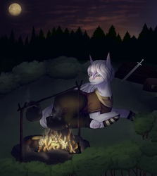 Size: 1927x2160 | Tagged: artist needed, source needed, safe, oc, oc only, oc:light knight, pony, campfire, food, forest, moon, night, pan, pot, solo, sword, weapon