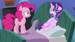 Size: 1920x1080 | Tagged: safe, edit, edited screencap, editor:ruslan nasretdinov, screencap, pinkie pie, starlight glimmer, earth pony, pony, unicorn, g4, rock solid friendship, animated, bed, blanket, female, floppy ears, hooves, horn, mare, no sound, pillow, pillow humping, reversed, sliding, sliding ponies, slowed down, video, webm