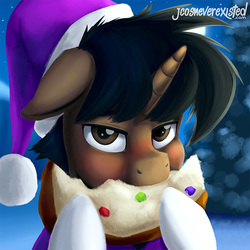 Size: 800x800 | Tagged: safe, artist:jcosneverexisted, oc, oc only, oc:limón picante, pony, blushing, christmas, cute, eating, fruitcake, hat, holiday, looking at you, male, panettone, patreon, profile picture, reward, santa hat