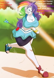 Size: 1670x2415 | Tagged: safe, artist:tfsubmissions, rainbow dash, rarity, human, equestria girls, g4, arrow, breasts, busty rainbow dash, busty rarity, character proxy, character to character, cleavage, converse, dialogue, heart arrow, implied oc, literal butthurt, magic arrow, mental shift, offscreen character, pain, shoes, sneakers, speech change, transformation