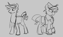 Size: 1148x676 | Tagged: safe, artist:egophiliac, rarity, pony, unicorn, g4, clothes, elusive, gray background, grayscale, hat, male, monochrome, rule 63, simple background, sketch, solo, stallion, suit