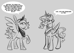 Size: 1056x759 | Tagged: safe, artist:egophiliac, princess celestia, princess luna, alicorn, pony, g4, brothers, duo, duo male, facial hair, glasses, goatee, gray background, grayscale, hippie, male, monochrome, prince artemis, prince solaris, raised hoof, royal brothers, rule 63, simple background, stallion