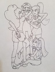 Size: 1565x2048 | Tagged: safe, artist:feathered_angel, artist:tethered-angel, adagio dazzle, aria blaze, sonata dusk, equestria girls, g4, ass, butt, crack shipping, crossover, hug, lineart, male, shipping, super mario bros., the dazzlings, traditional art, waluigi, waluigi time