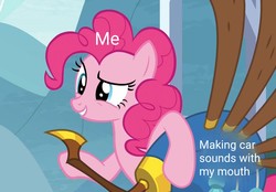Size: 1556x1080 | Tagged: safe, edit, edited screencap, editor:apex soundwave, screencap, pinkie pie, earth pony, pony, g4, yakity-sax, annoying, caption, car, female, grin, image macro, mare, meme, smiling, solo, text