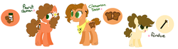 Size: 1535x423 | Tagged: safe, artist:kyper-space, oc, oc only, oc:cinnamon toast, oc:fondue, oc:peanut butter, earth pony, pony, bandana, base used, clothes, female, filly, flower, flower in hair, magical gay spawn, mare, offspring, open mouth, parent:big macintosh, parent:cheese sandwich, parents:mac n cheese, siblings, signature, simple background, smiling, standing, trio, white background