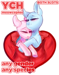 Size: 2196x2766 | Tagged: safe, artist:meowcephei, advertisement, bed, commission, cuddling, duo, eyes closed, hearts and hooves day, high res, holiday, hug, simple background, text, valentine's day, white background, your character here