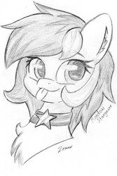 Size: 1268x1903 | Tagged: safe, artist:zemer, oc, oc only, oc:meadow stargazer, pony, bust, collar, ear fluff, female, looking at something, mare, mlem, monochrome, portrait, silly, sketch, solo, tongue out, traditional art