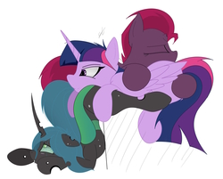 Size: 2204x1772 | Tagged: safe, artist:groomlake, fizzlepop berrytwist, queen chrysalis, tempest shadow, twilight sparkle, alicorn, changeling, changeling queen, pony, unicorn, g4, ass up, blushing, broken horn, butthug, colored, female, horn, hug, lesbian, lying down, mare, polyamory, ship:tempestlight, ship:twisalis, shipping, simple, simple background, sleeping, snuggling, spots, tempestwisalis, twilight sparkle (alicorn), white background