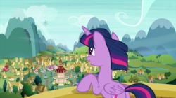 Size: 2880x1618 | Tagged: safe, screencap, twilight sparkle, alicorn, pony, g4, the crystalling, butt, female, fluttershy's cottage, mare, mountain, plot, ponyville, ponyville schoolhouse, ponyville town hall, scenery, smiling, snowflake envelope, solo, town hall, twilight sparkle (alicorn)